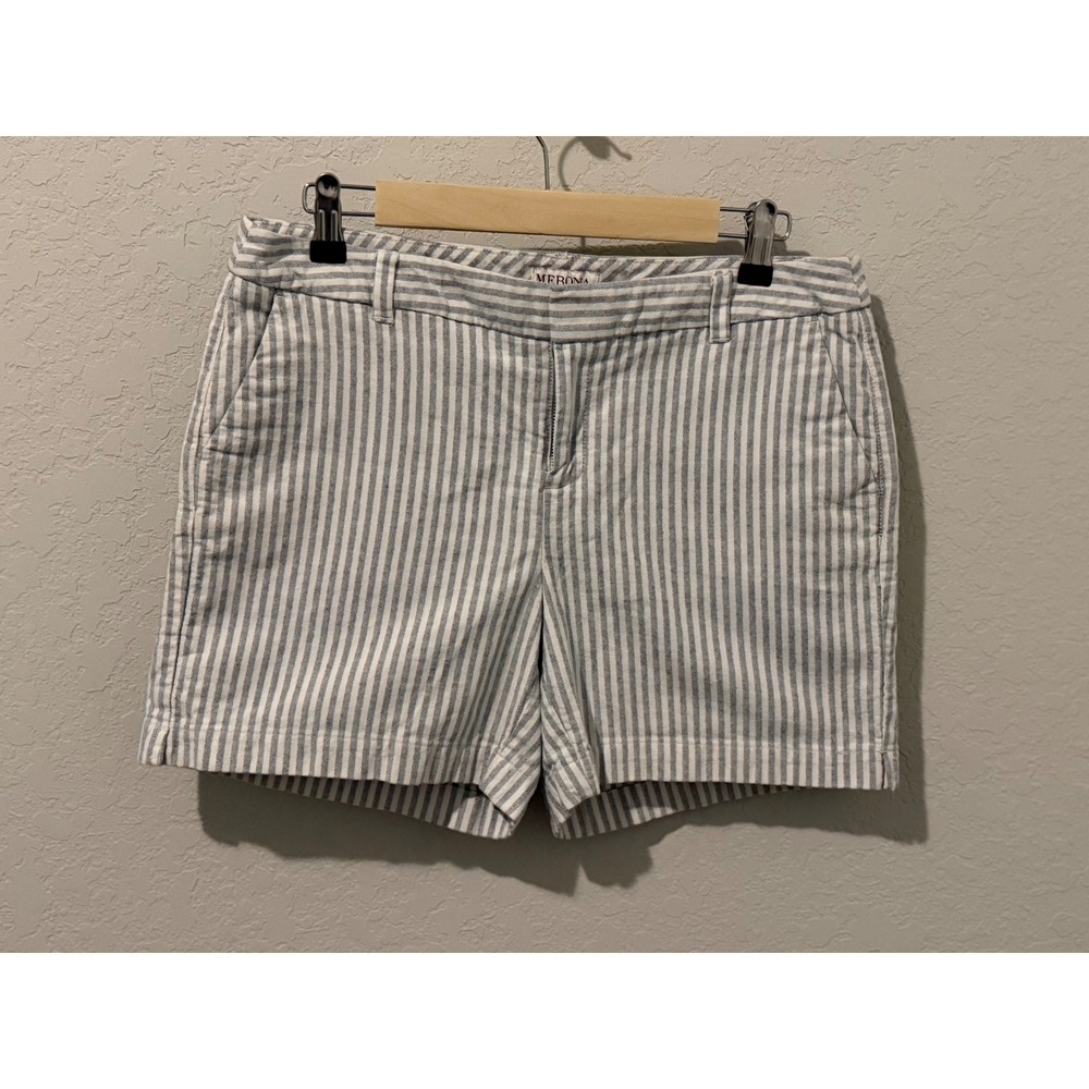 Merona Womens Gray White Striped Chino Shorts Size 8 Cotton Nautical Summer